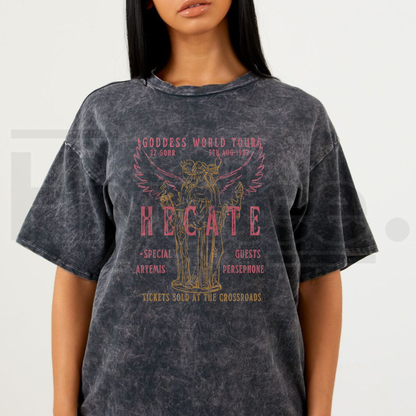 Hecate Goddess World Tour Oversized Cotton Graphic Tee – Vintage Wash Dark Academia Witchy Shirt - Hiyatee