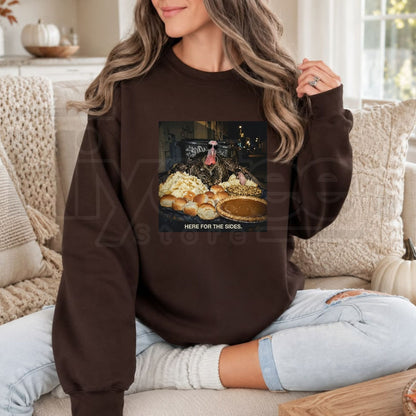 Here For The Sides Thanksgiving Sweatshirt, Funny Food Lover Friendsgiving Graphic Top - Hiyatee