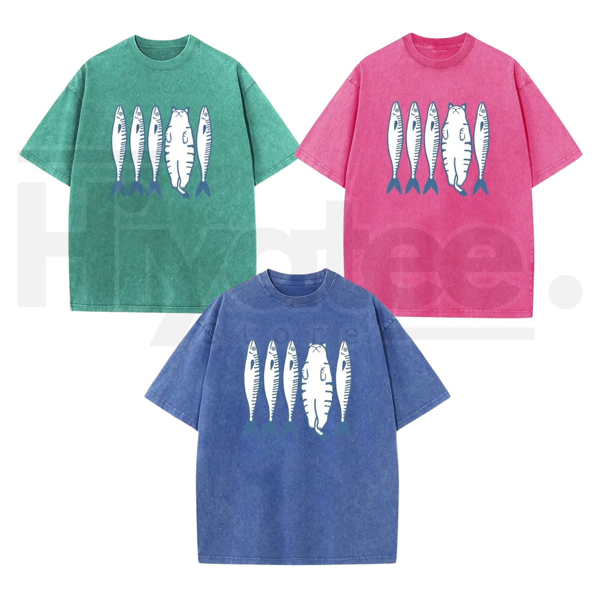 Holafish Cat & Fish Cartoon Vintage Acid Wash T-Shirt – Loose Drop Shoulder Pure Cotton Summer Tee - Hiyatee