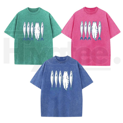 Holafish Cat & Fish Cartoon Vintage Acid Wash T-Shirt – Loose Drop Shoulder Pure Cotton Summer Tee - Hiyatee