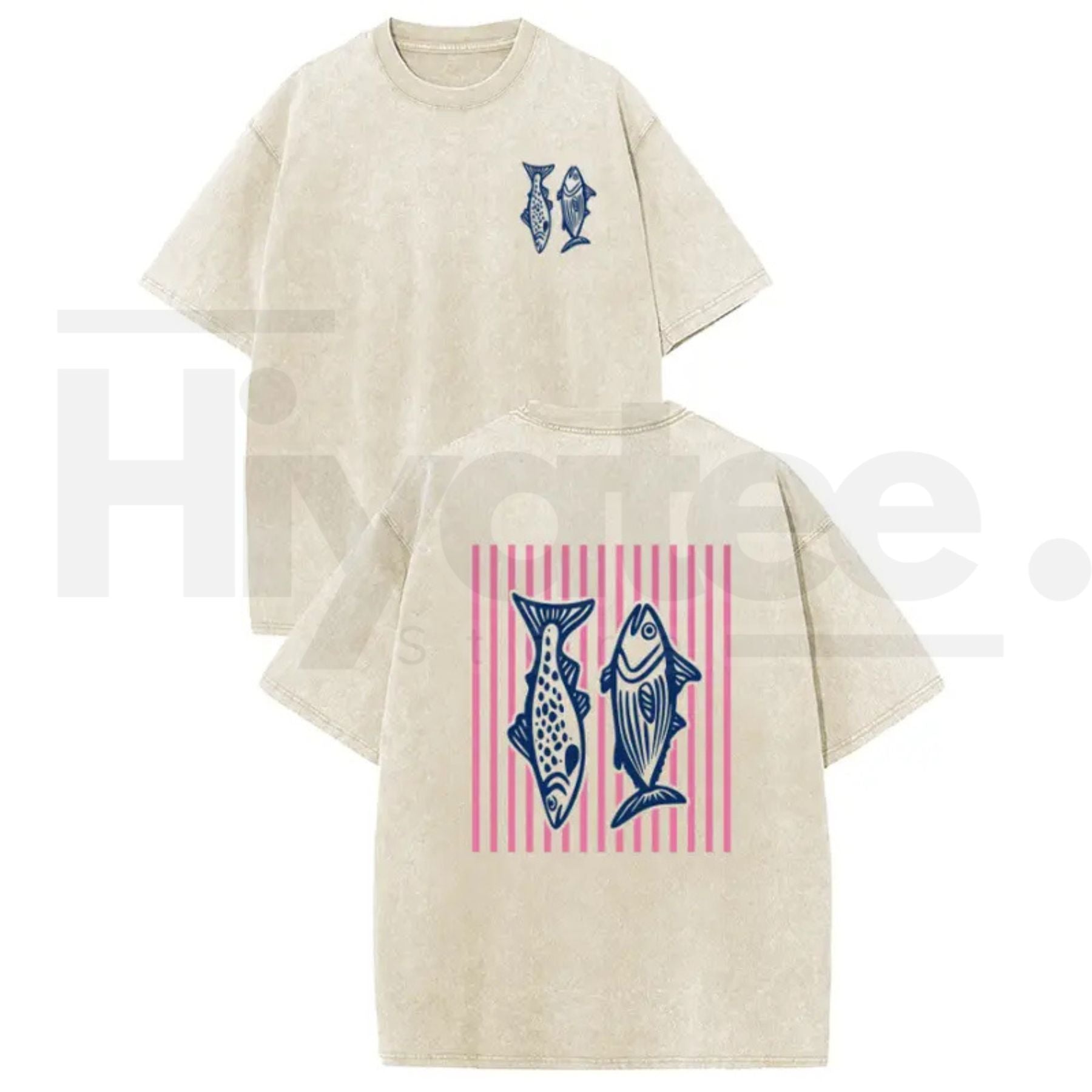 Holafish Pink Striped Fish Graphic T-Shirt – Premium Heavyweight Acid Wash Streetwear Tee - Hiyatee