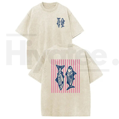 Holafish Pink Striped Fish Graphic T-Shirt – Premium Heavyweight Acid Wash Streetwear Tee - Hiyatee