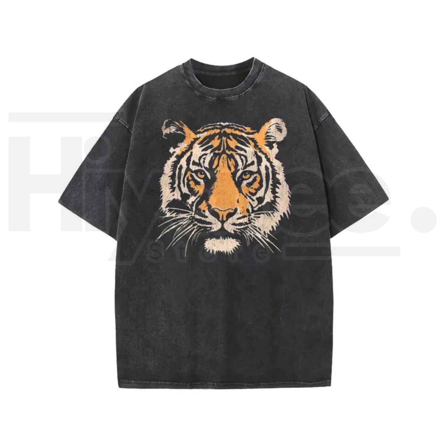 Holafish Unisex Vintage Tiger Graphic Short Sleeve T-Shirt – Acid Washed Heavyweight Cotton Oversized Streetwear Top - Hiyatee
