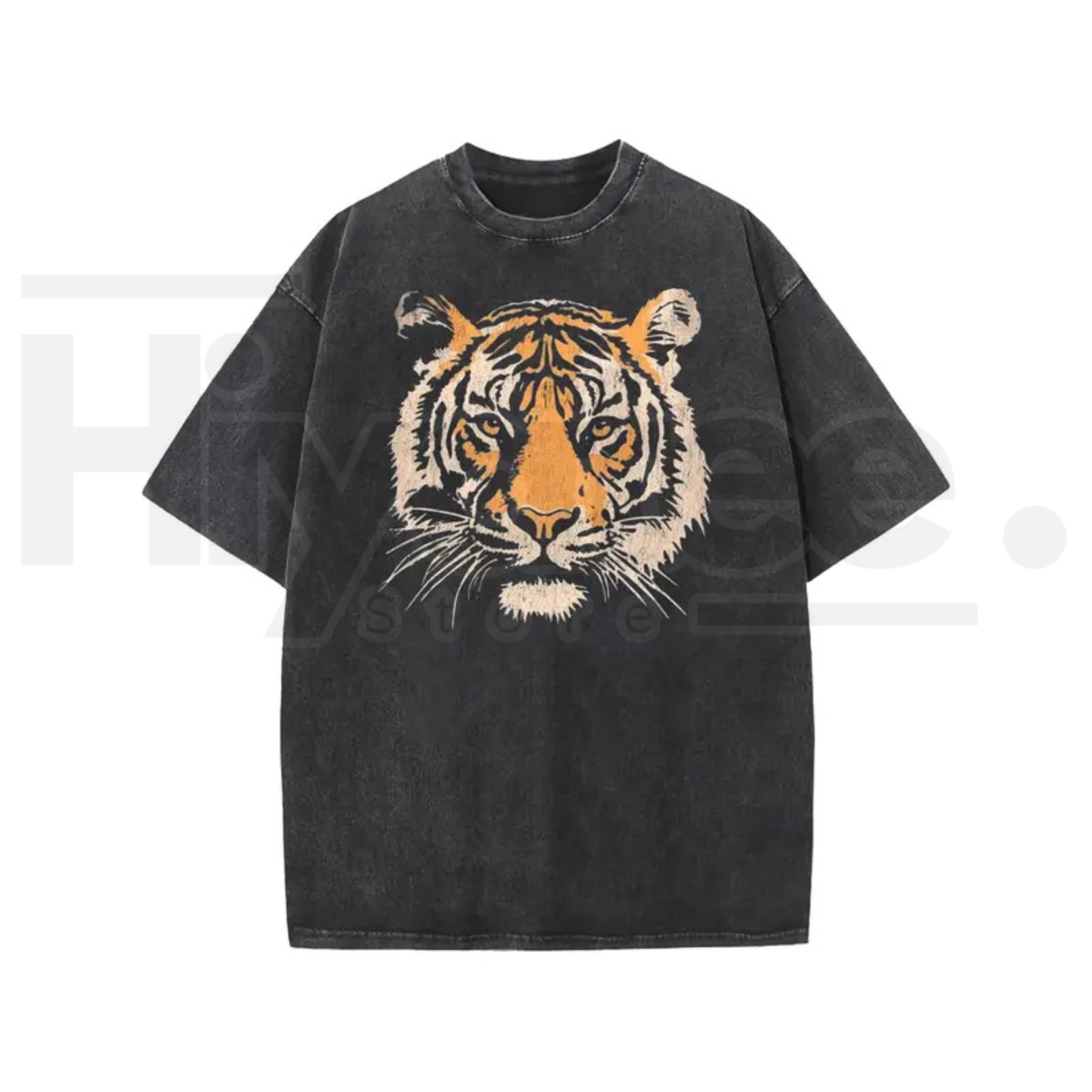 Holafish Unisex Vintage Tiger Graphic Short Sleeve T-Shirt – Acid Washed Heavyweight Cotton Oversized Streetwear Top - Hiyatee