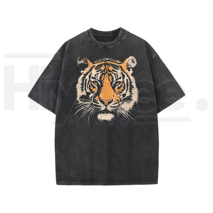 Holafish Unisex Vintage Tiger Graphic Short Sleeve T-Shirt – Acid Washed Heavyweight Cotton Oversized Streetwear Top - Hiyatee