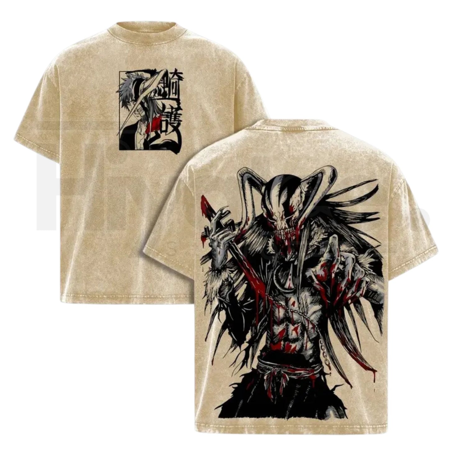 Hollow Mask Warrior Vintage Washed T-Shirt – Anime Inspired Heavy Cotton Oversized Graphic Tee - Hiyatee
