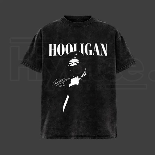 Hooligan Graphic Vintage Washed T-Shirt – Dark Streetwear K-Pop Inspired Oversized Tee - Hiyatee