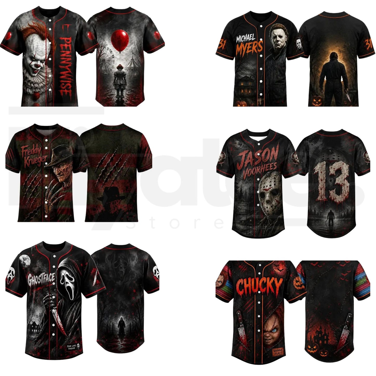 Horror Slasher Baseball Jersey – Classic Movie Characters Spooky Squad Shirt - Hiyatee