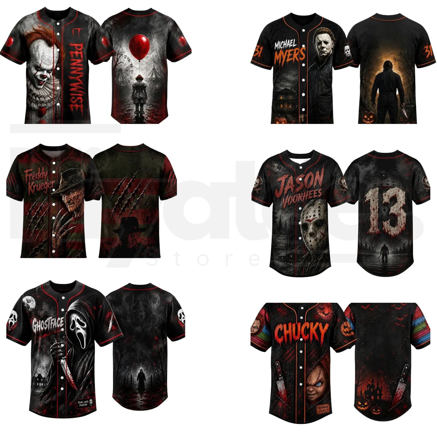 Horror Slasher Baseball Jersey – Classic Movie Characters Spooky Squad Shirt - Hiyatee