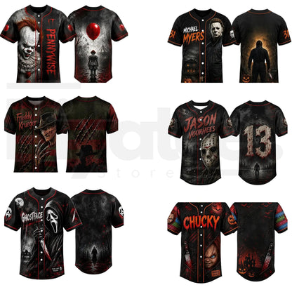 Horror Slasher Baseball Jersey – Classic Movie Characters Spooky Squad Shirt - Hiyatee