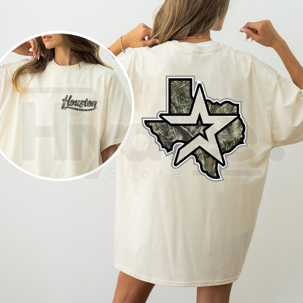 Houston Texas Camo Star Front-Back Print T-Shirt – Men's Pure Cotton Graphic Tee - Hiyatee