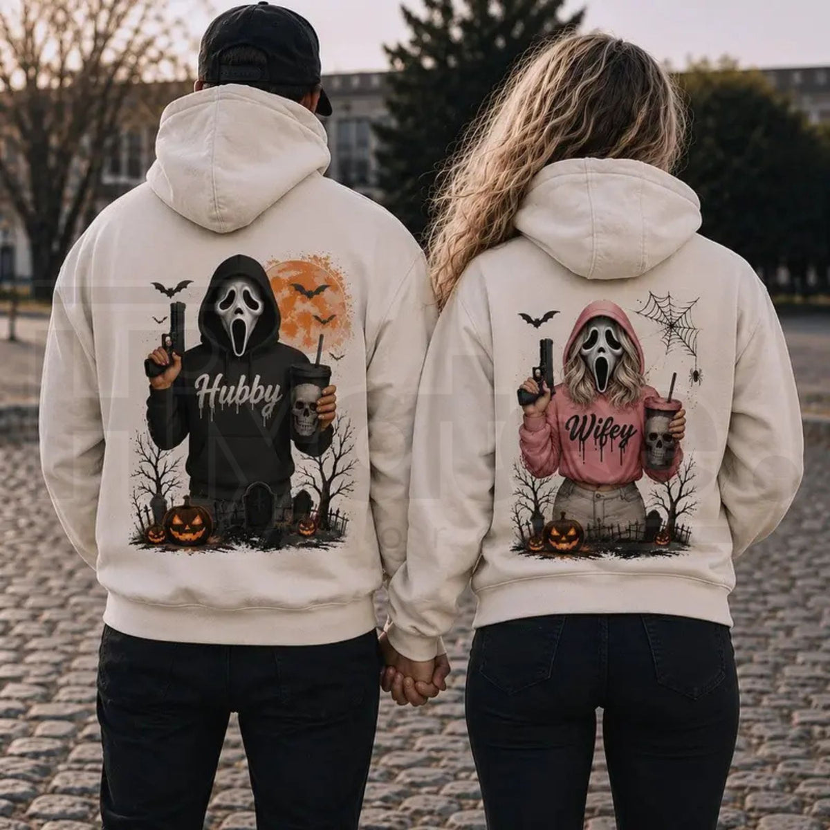 Hubby Wifey Halloween Spooky Season Couple Matching Hoodies – Casual Street Style Fleece Pullover - Hiyatee