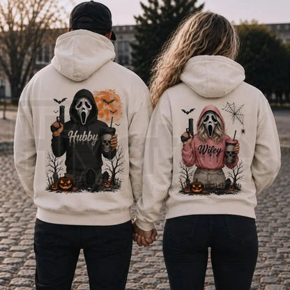Hubby Wifey Halloween Spooky Season Couple Matching Hoodies – Casual Street Style Fleece Pullover - Hiyatee