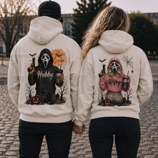Hubby Wifey Halloween Spooky Season Couple Matching Hoodies – Casual Street Style Fleece Pullover - Hiyatee