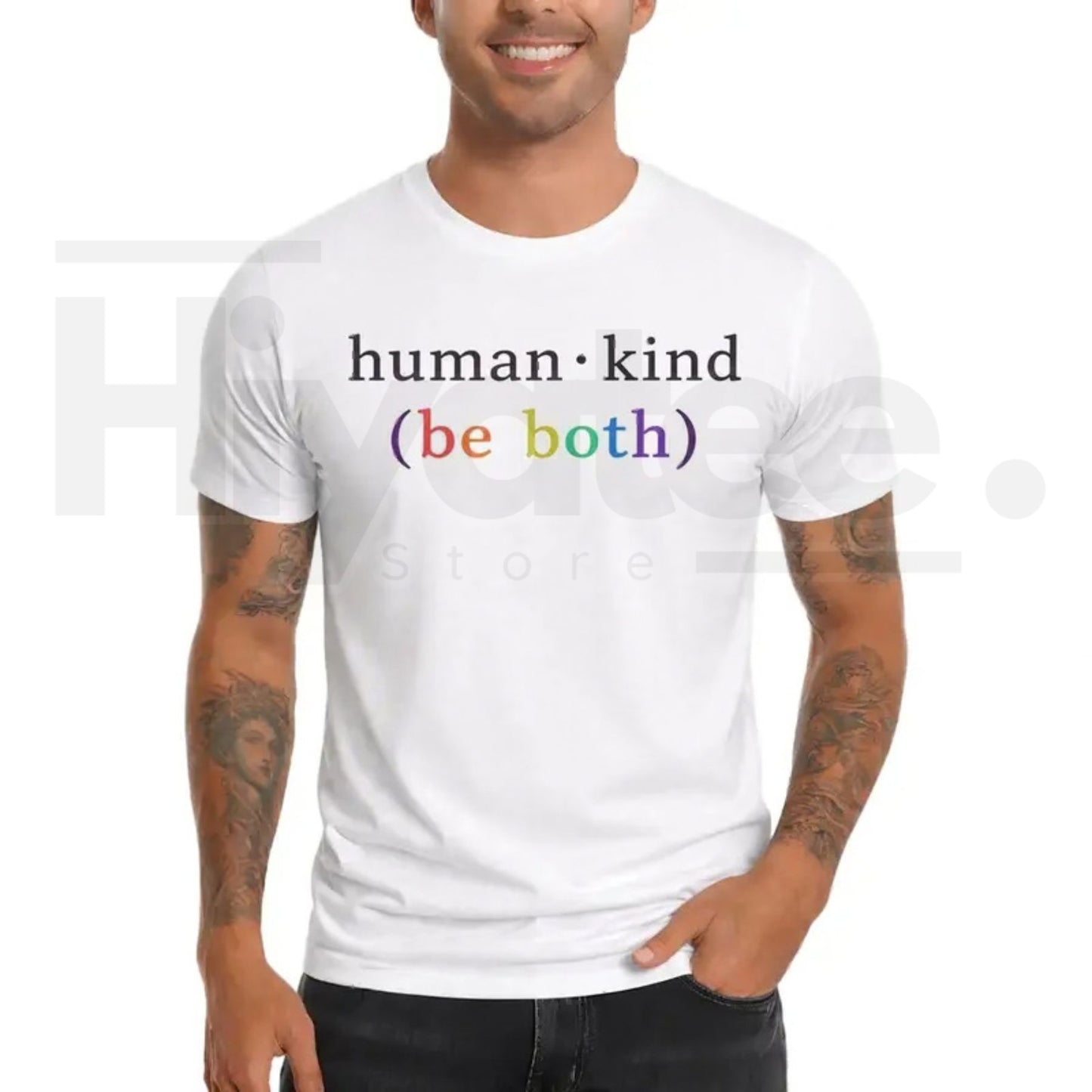 "Human Kind. Be Both." Men's Graphic Tee – Rainbow Positive Quote T-Shirt - Hiyatee