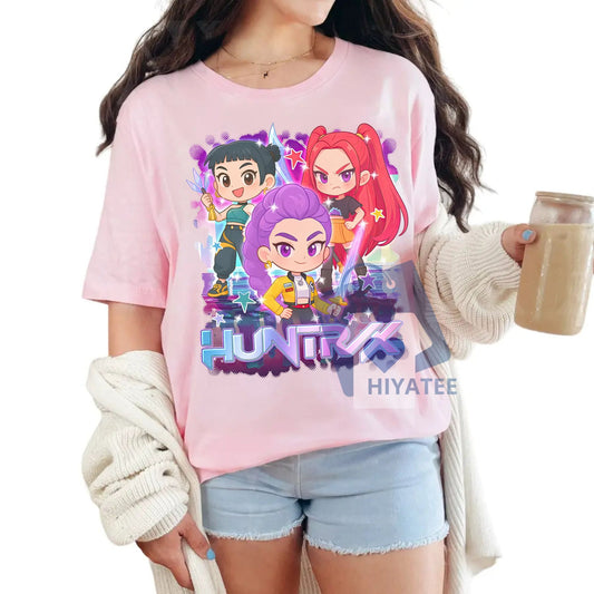Huntrix Girl T-Shirt – Kpop Demon Hunters Tee Featuring Mira, Rumi & Joey | Trendy Idol Group Shirt for Fans, Soft Cotton Fit-Hiyatee