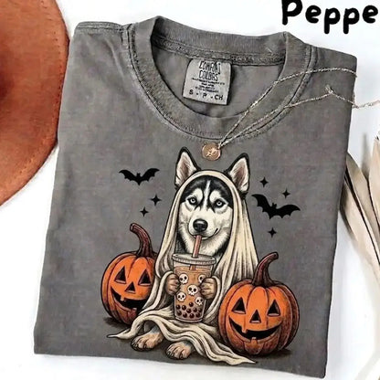 Comfort Colors Pepper Dog Shirt Custom Ghost Boba Tea Halloween Tee