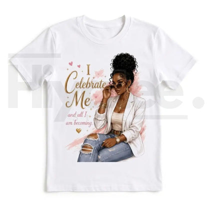 I Celebrate Me Metallic Golden Typography T-Shirt – Vintage Graphic Tee - Hiyatee