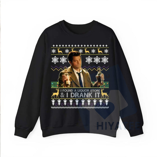 "I Found A Liquor Store And I Drank It" Ugly Sweater: Supernatural Moments Quote Shirt, Funny Christmas Fan Gift - Hiyatee