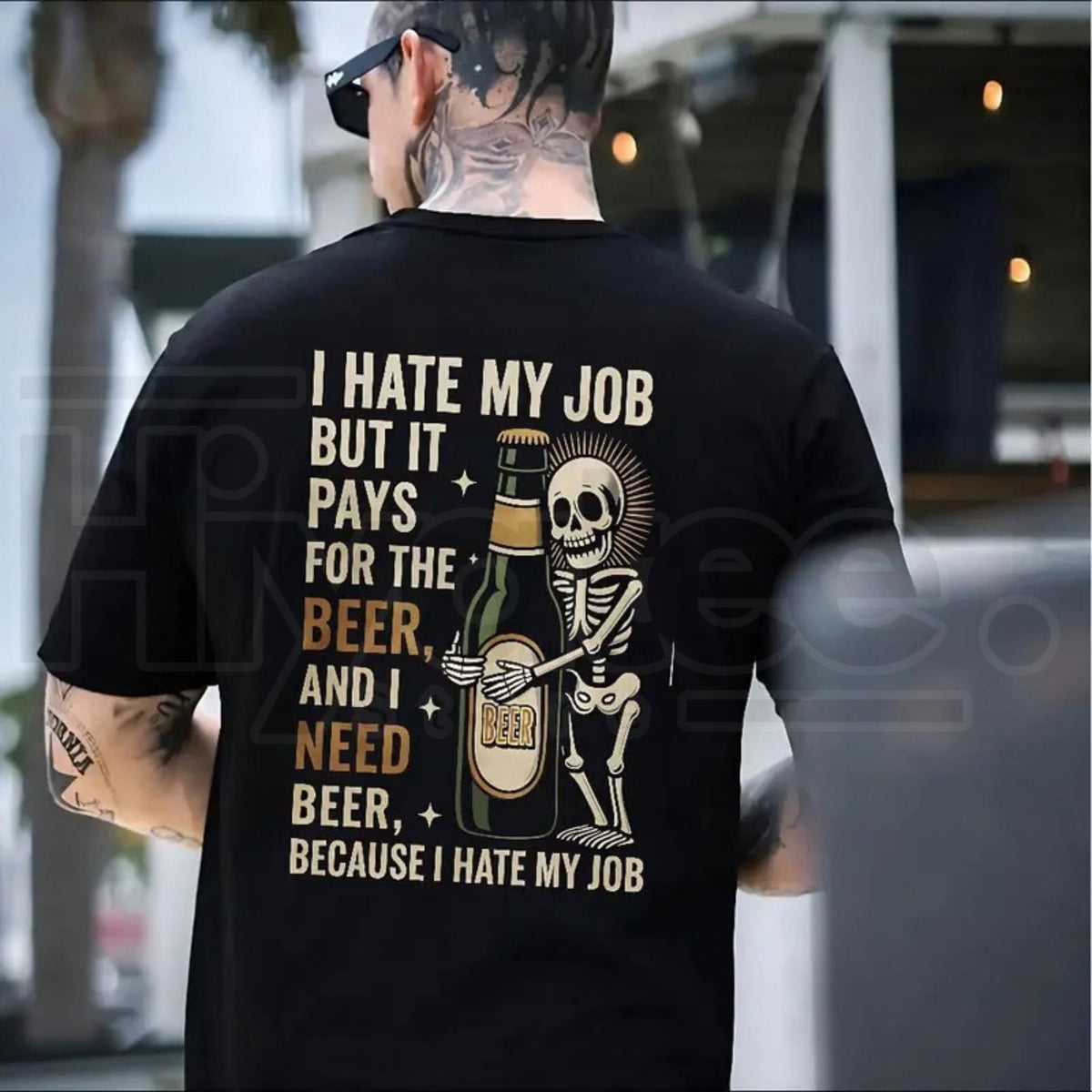 I Hate My Job But It Pays For The Beer Skeleton T-Shirt – Halloween Bar Humor Tee - Hiyatee