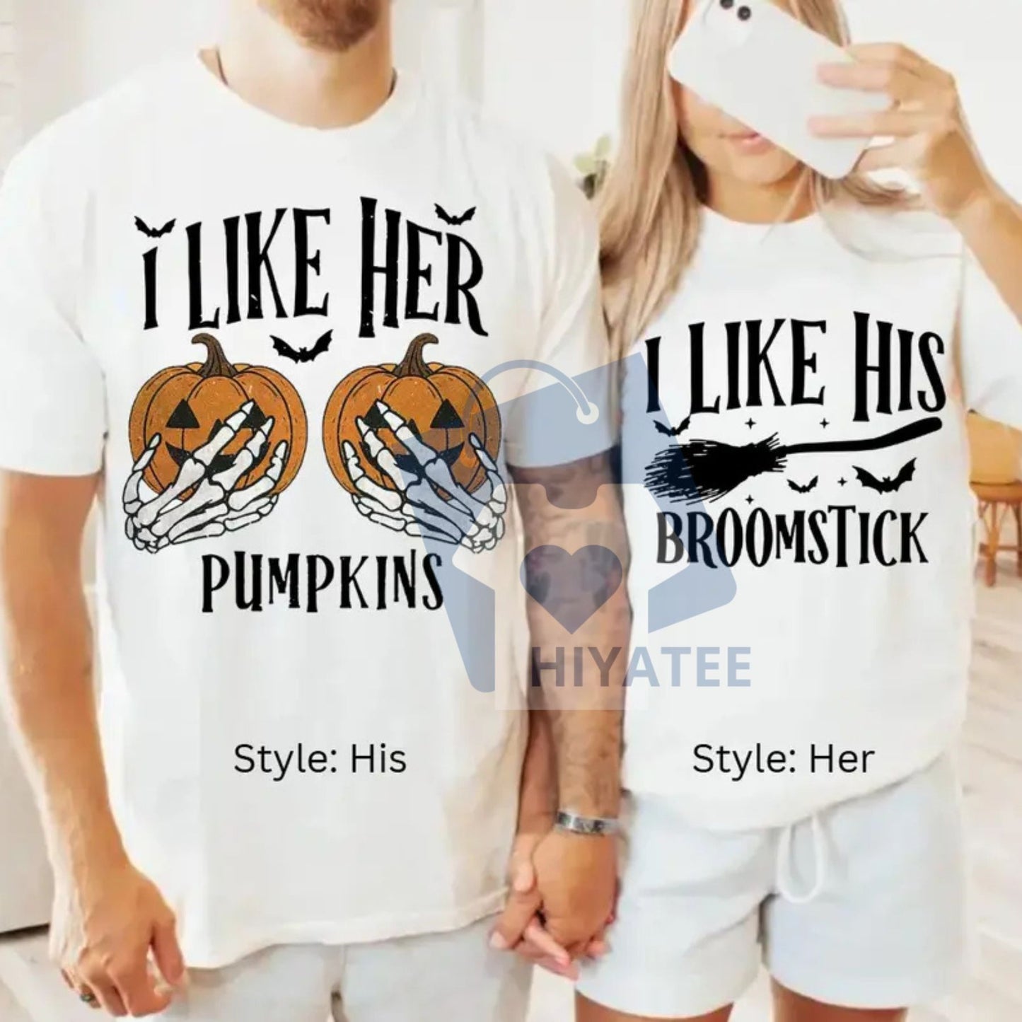 "I Like Her Pumpkins" & "I Like His Broomstick" T-Shirts – Funny Matching Couple Halloween Shirts - Hiyatee