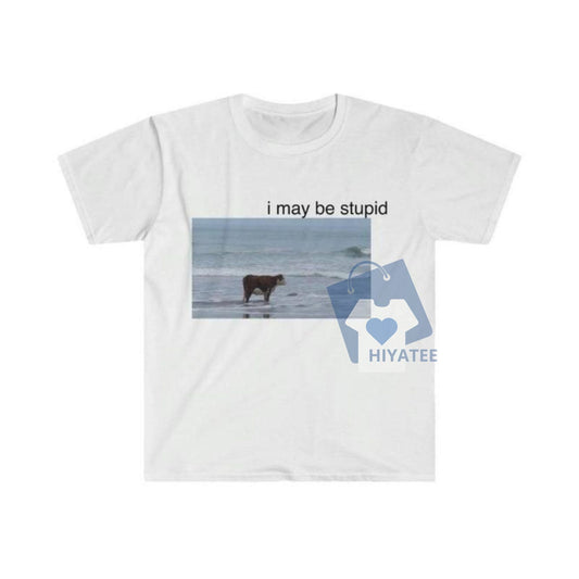 I May Be Stupid Cow on Beach Funny Meme T-Shirt – Unisex Graphic Tee for Meme Lovers-Hiyatee