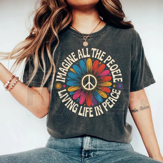 "Imagine Peace" Floral Daisy T-Shirt – Boho Hippie Peace Sign Graphic Tee - Hiyatee