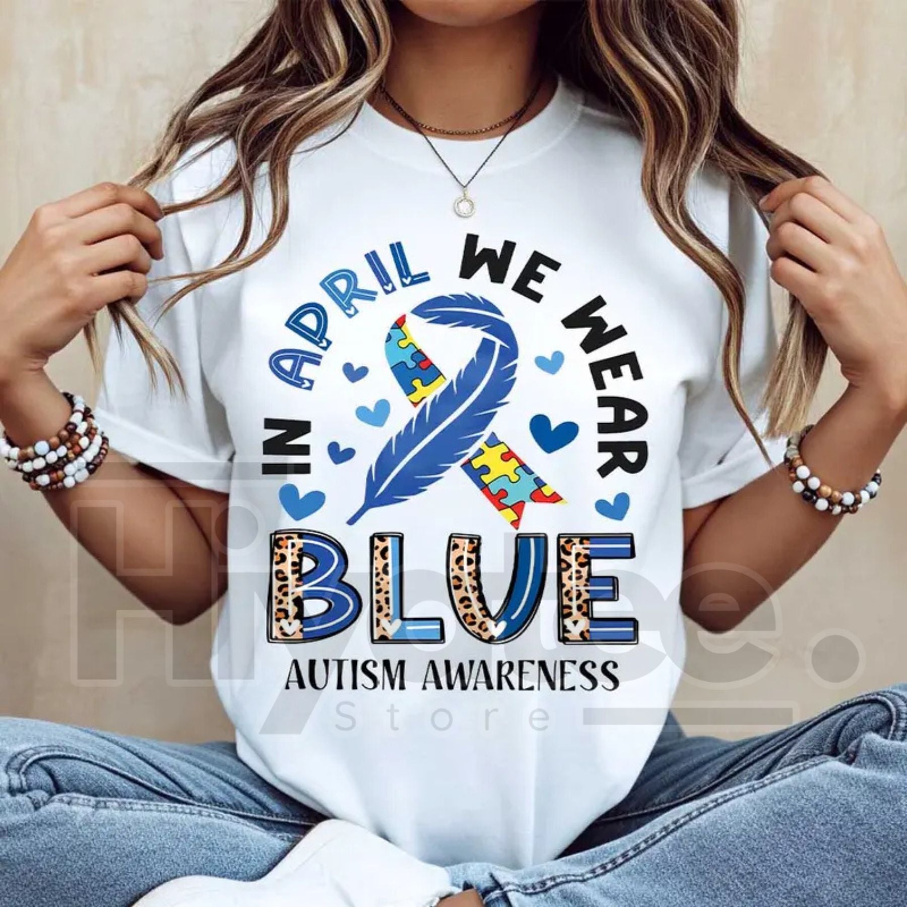 "In April We Wear Blue" Autism Awareness – Ribbon Puzzle Piece Women's Top - Hiyatee