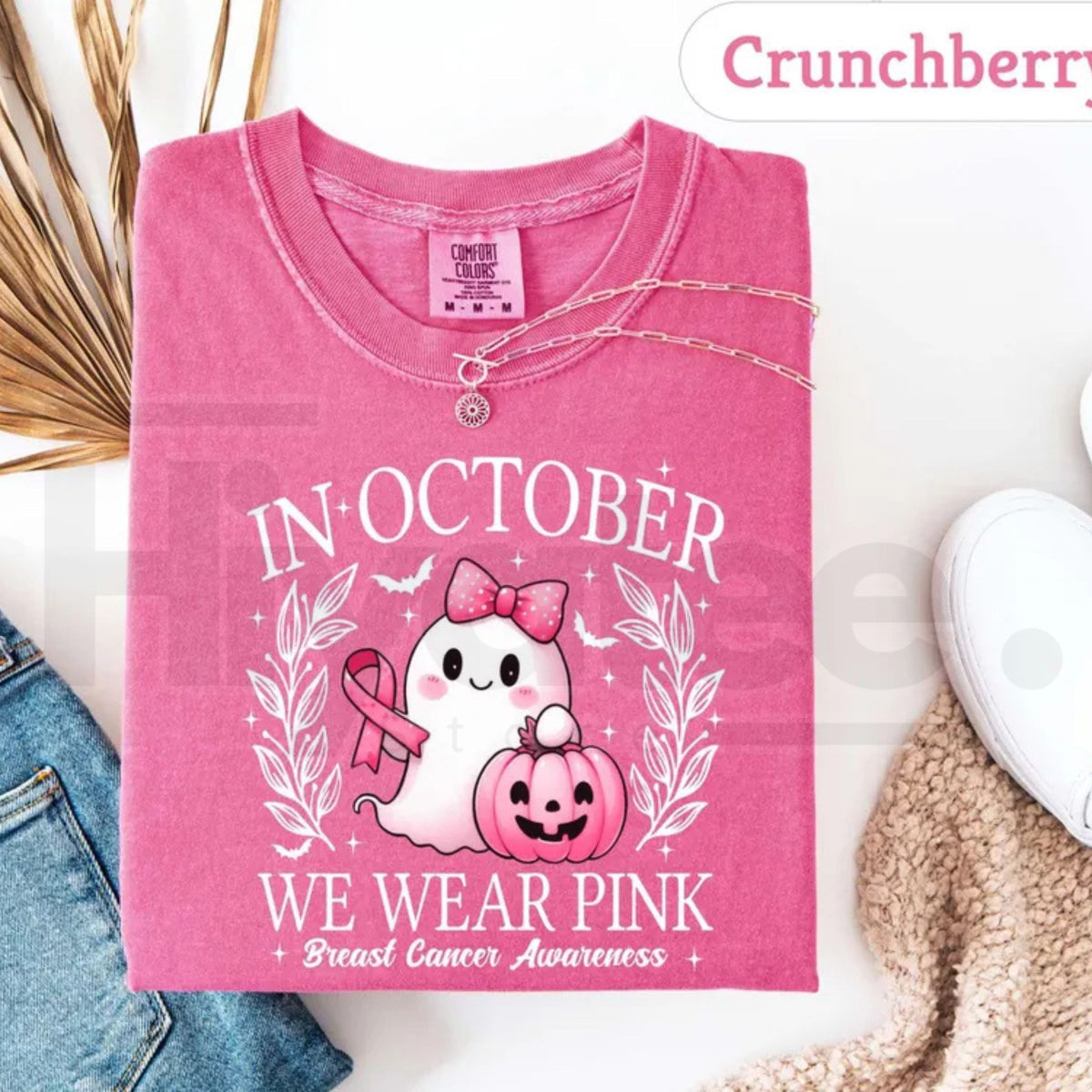 In October We Wear Pink Ghost T-Shirt Breast Cancer Awareness Halloween Tee - Hiyatee