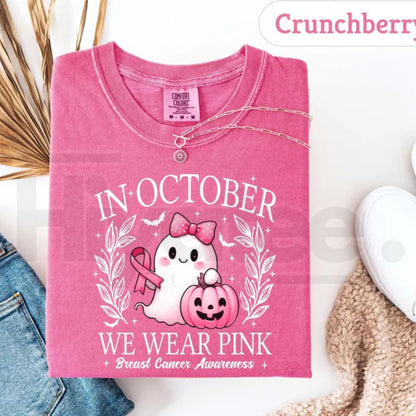 In October We Wear Pink Ghost T-Shirt Breast Cancer Awareness Halloween Tee - Hiyatee