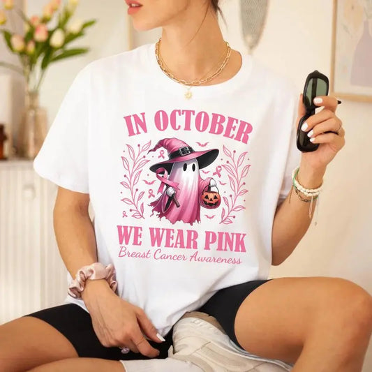 "In October We Wear Pink Ghost" T-Shirt – Breast Cancer Awareness & Halloween Tee - Hiyatee