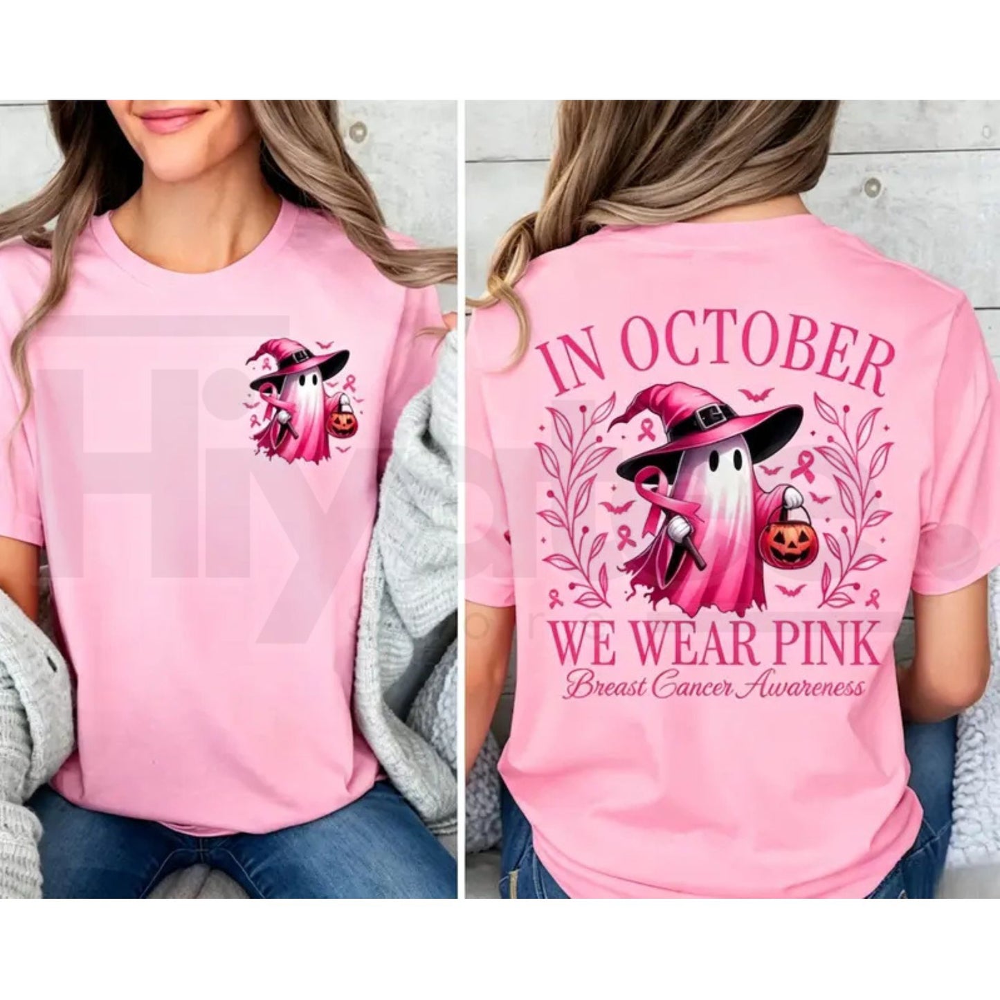 In October We Wear Pink Ghost T-Shirt – Halloween Breast Cancer Awareness Tee - Hiyatee