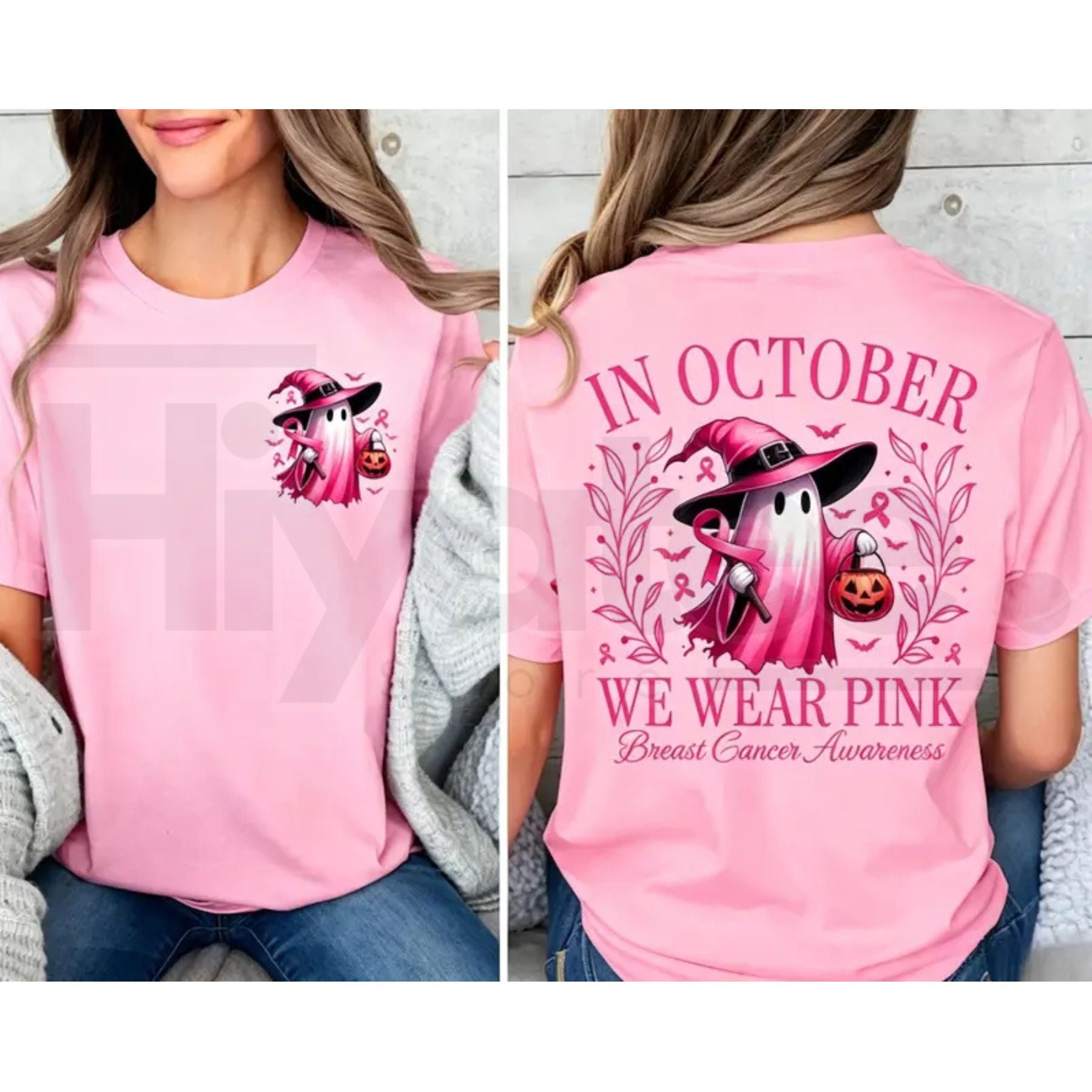 In October We Wear Pink Ghost T-Shirt – Halloween Breast Cancer Awareness Tee - Hiyatee