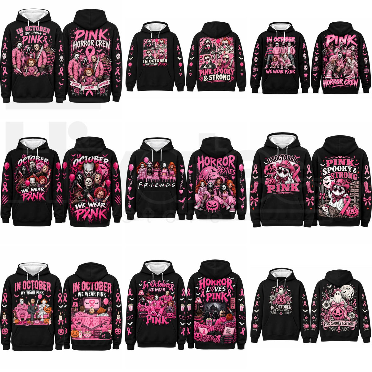 In October We Wear Pink Horror Hoodie – Spooky Movie Character Pink Ribbon Graphic Pullover, Breast Cancer Awareness Halloween - Hiyatee
