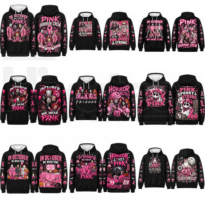 In October We Wear Pink Horror Hoodie – Spooky Movie Character Pink Ribbon Graphic Pullover, Breast Cancer Awareness Halloween - Hiyatee
