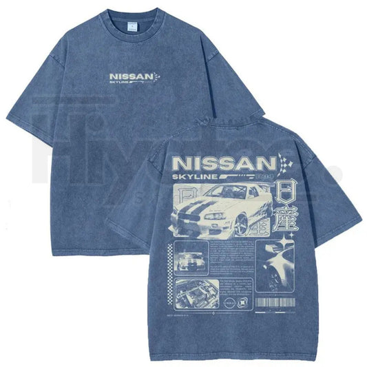 JDM Sports Car Vintage Washed T-Shirt – Oversized Denim Style Streetwear Graphic Tee - Hiyatee