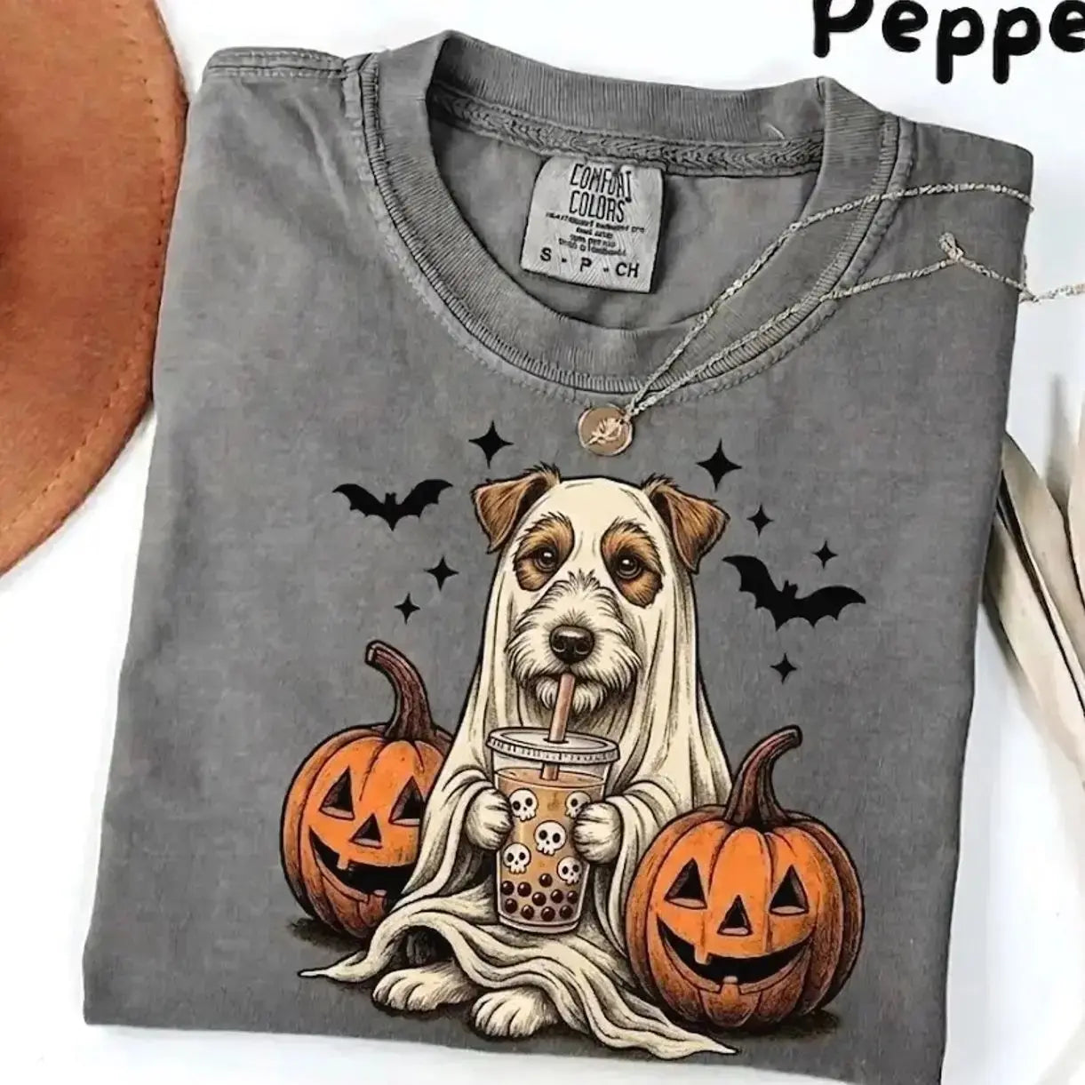 Comfort Colors Pepper Dog Shirt Custom Ghost Boba Tea Halloween Tee