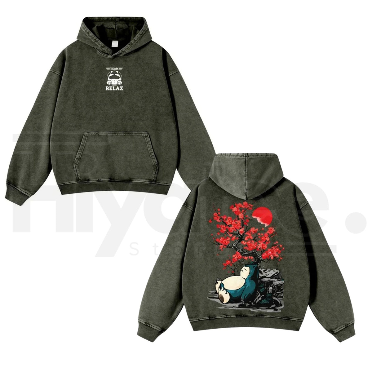 Japanese Red Plum Blossoms & Plump Beast Hoodie – Ink-Wash Art, Y2K Vintage Washed - Hiyatee