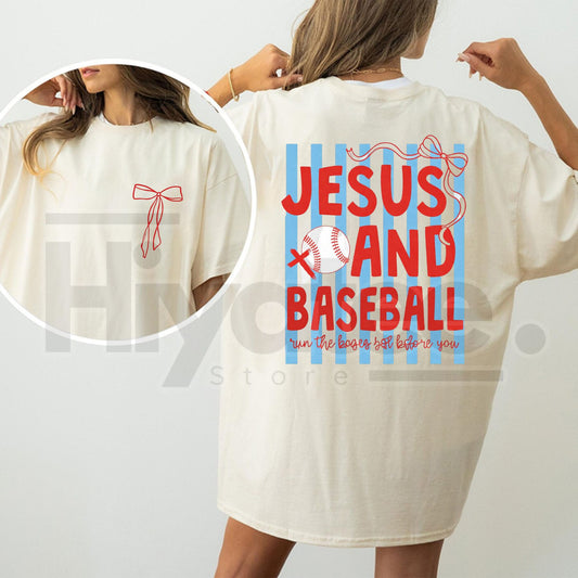 "Jesus & Baseball" 2-Sided – Christian Coquette Game Day Graphic Top - Hiyatee