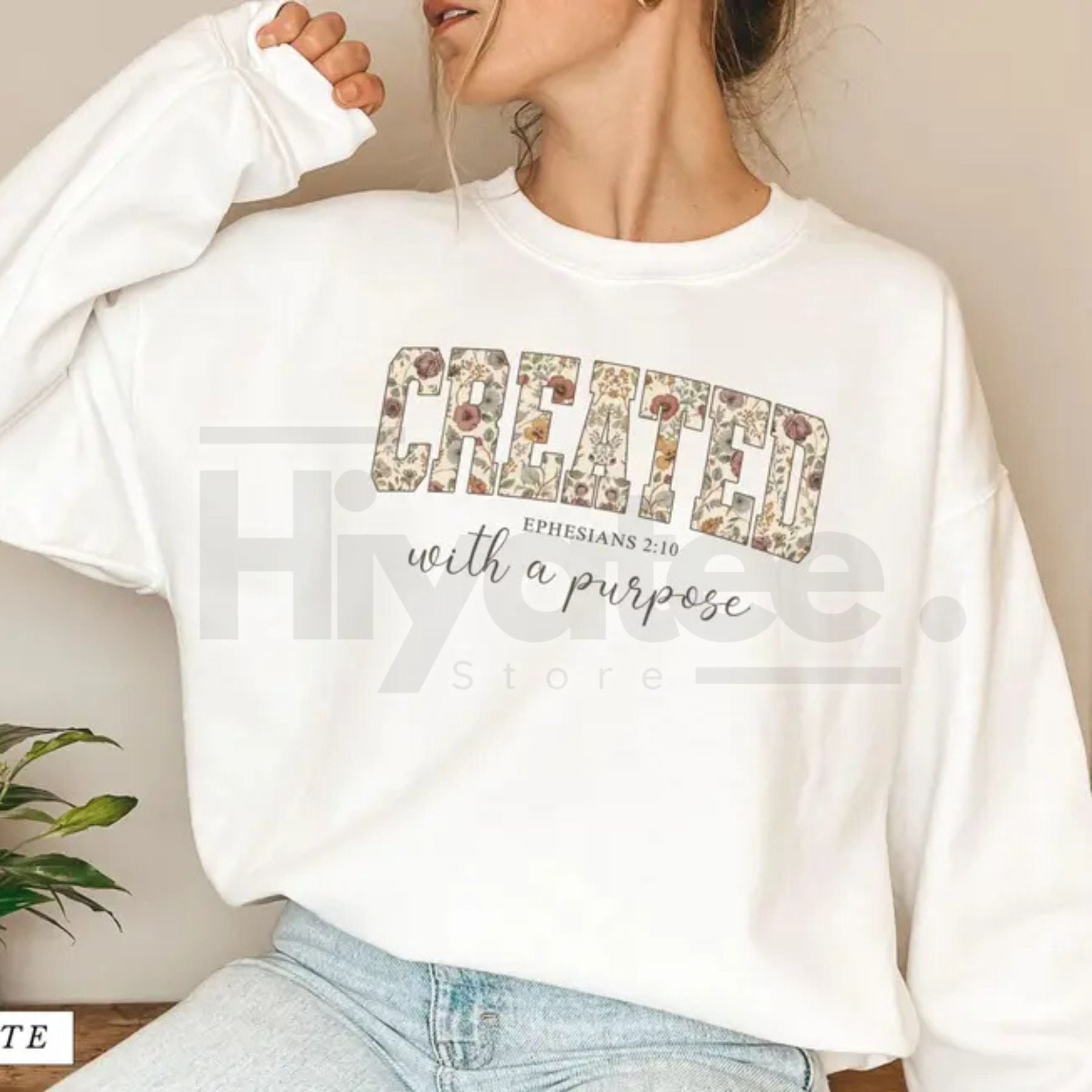 Jesus Sweatshirt: Created with a Purpose, Floral Sweater, Bible Verse Sweatshirt, Gift for Christian Women, Inspirational Faith Crewneck - Hiyatee