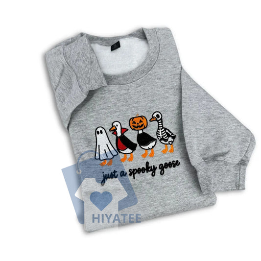 Just a Spooky Goose Embroidered Sweatshirt – Cute Halloween Crewneck, Cozy Fall Goose Sweater for Men & Women-Hiyatee
