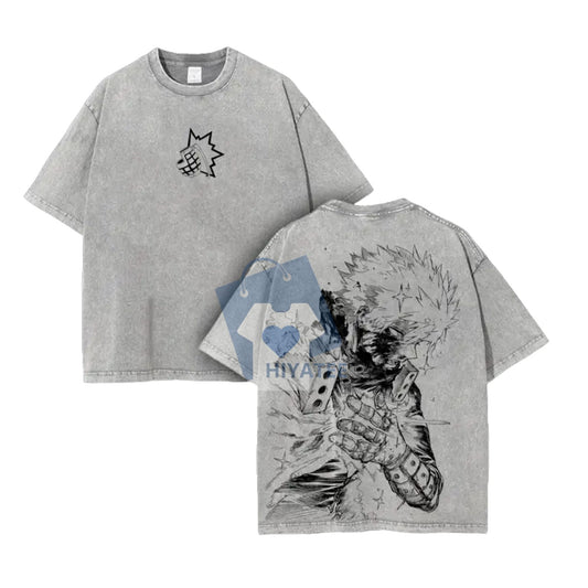Katsuki Bakugo Vintage Washed Anime Tee – Oversized My Hero Academia Shirt, Double-Sided Heavyweight Cotton T-Shirt for Manga Fans-Hiyatee