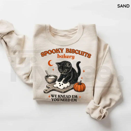 Kitty Biscuits Sweatshirt: Vintage Spooky Season Black Cat Halloween Crewneck - Hiyatee
