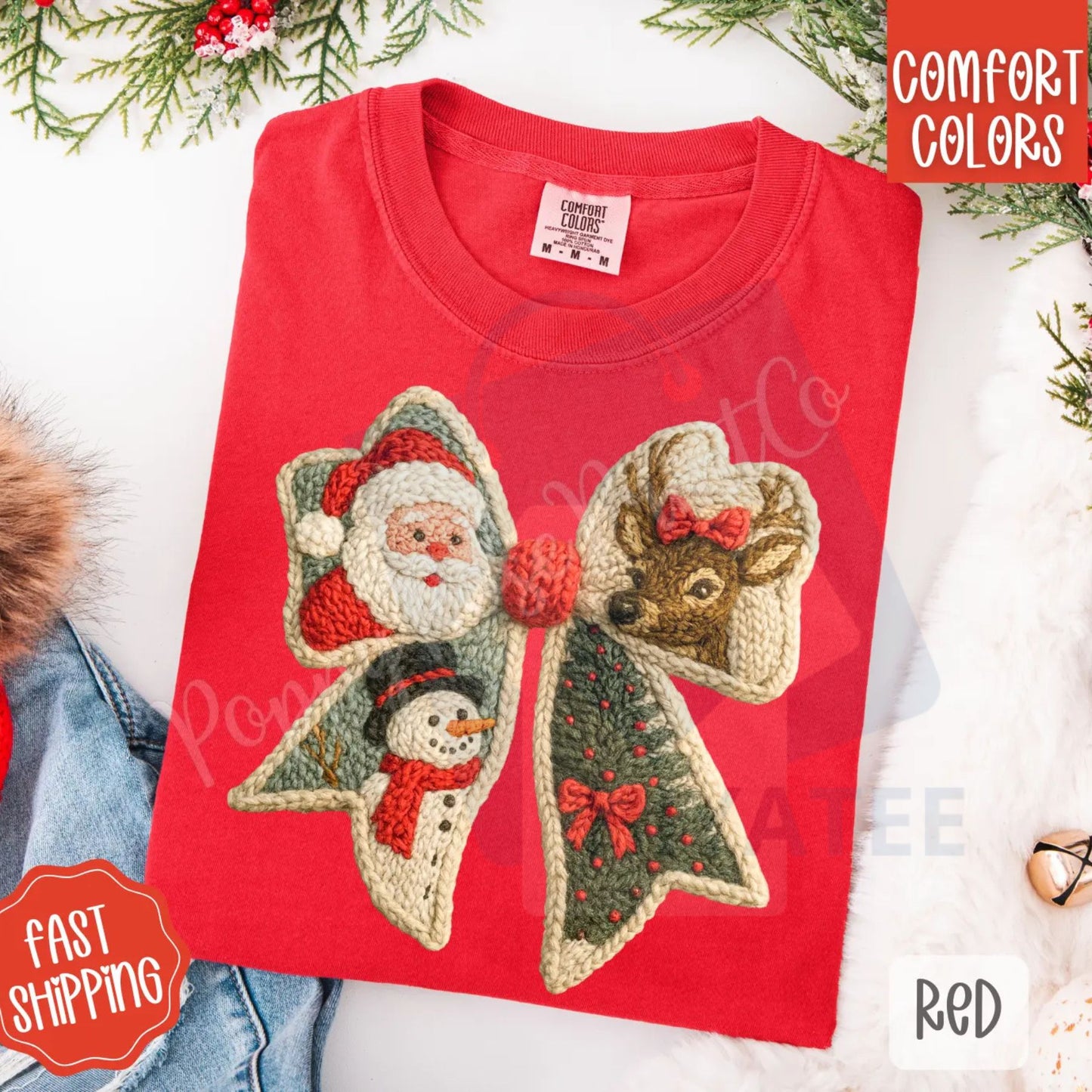 Knit Christmas Bow Shirt Comfort Colors – Trendy Women's Holiday T-shirt, Vintage Faux Knit Aesthetic Tee - Hiyatee