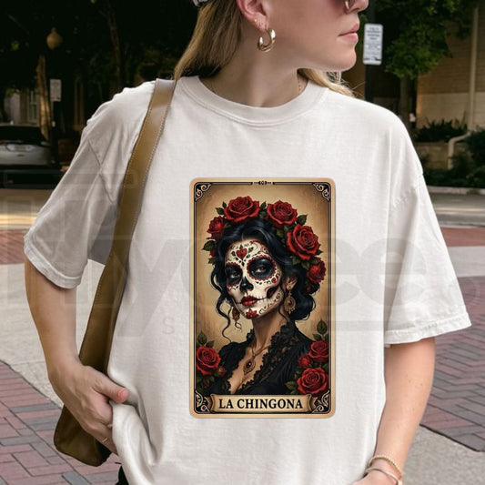 La Chingona Tarot Card Sugar Skull T-Shirt – Day Of The Dead Latina Pride Red Rose Tee - Hiyatee
