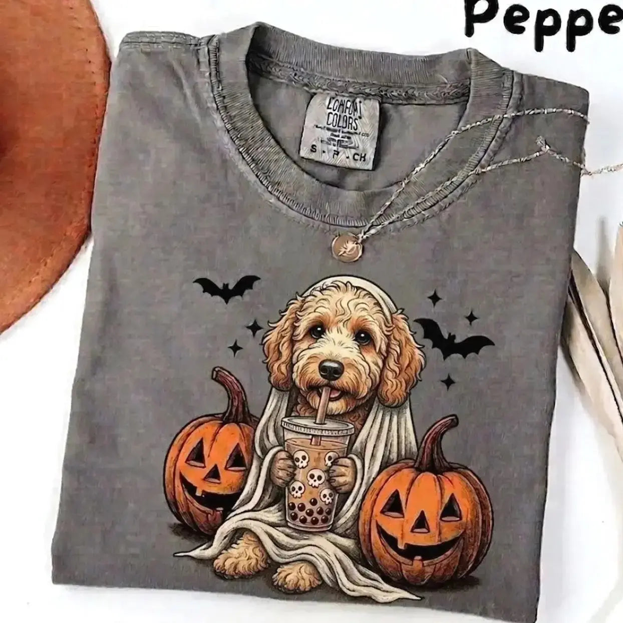 Comfort Colors Pepper Dog Shirt Custom Ghost Boba Tea Halloween Tee