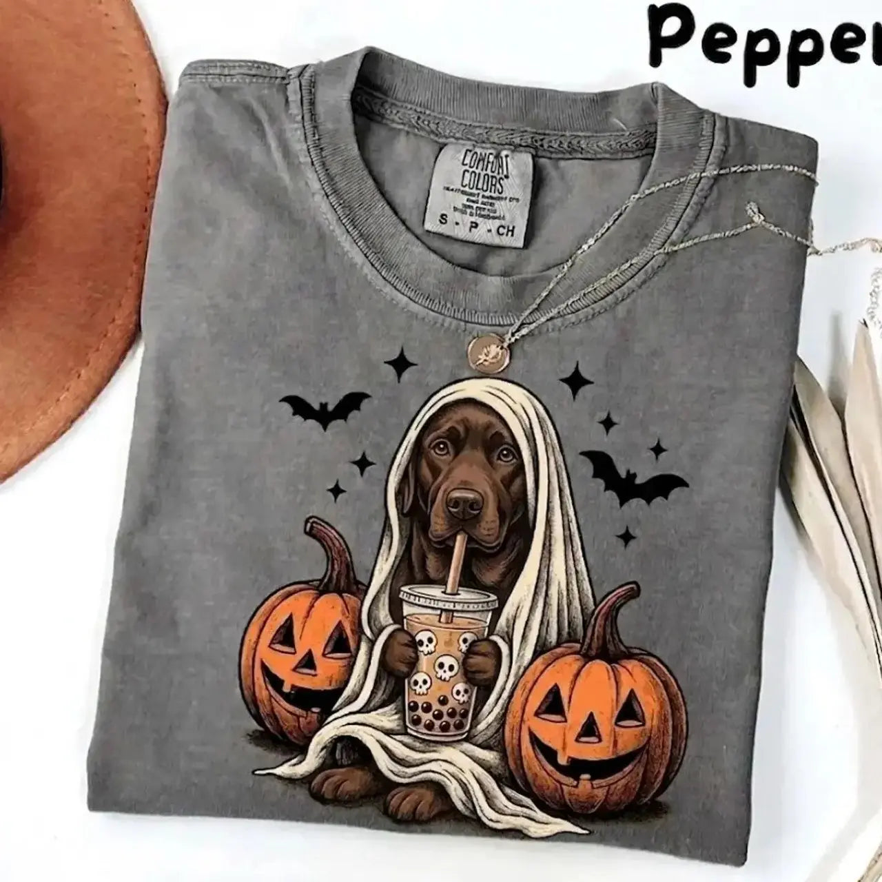 Comfort Colors Pepper Dog Shirt Custom Ghost Boba Tea Halloween Tee