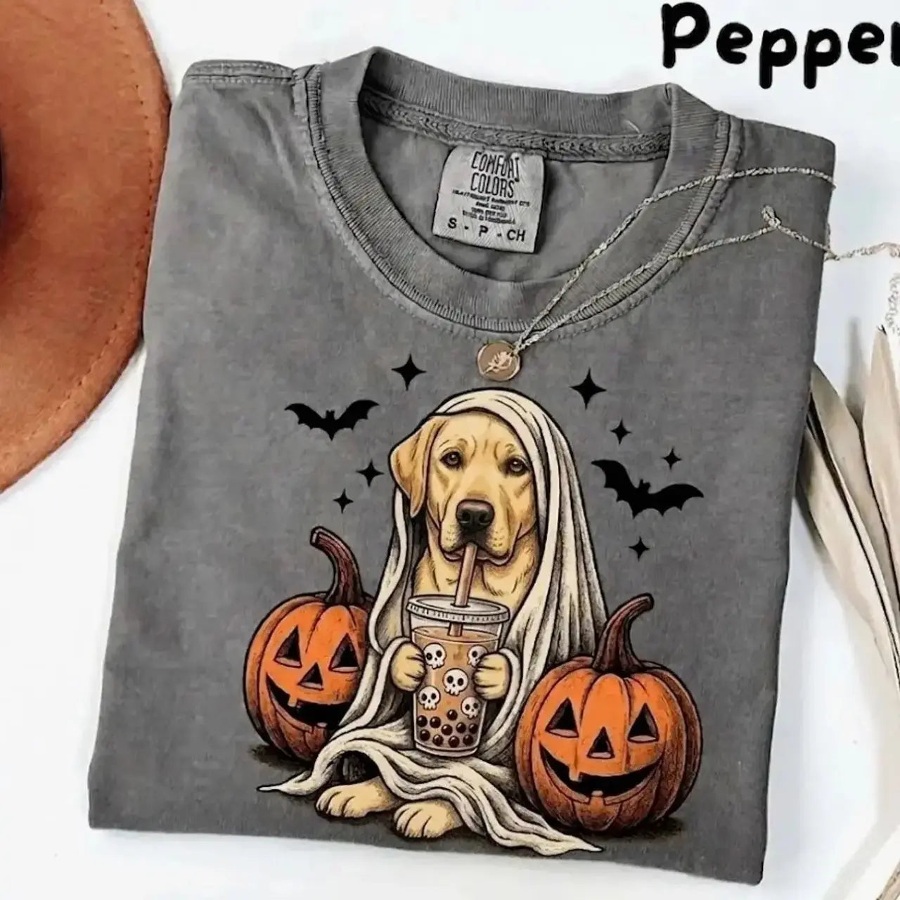Comfort Colors Pepper Dog Shirt Custom Ghost Boba Tea Halloween Tee