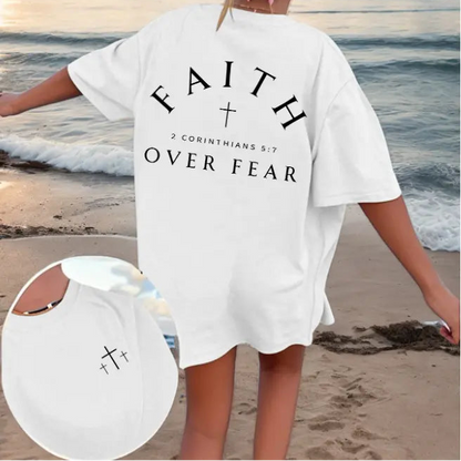 Lady T-Shirt – Pink Faith Over Fear 2 Corinthians 5:7 Dual-Side Christian Tee-Hiyatee