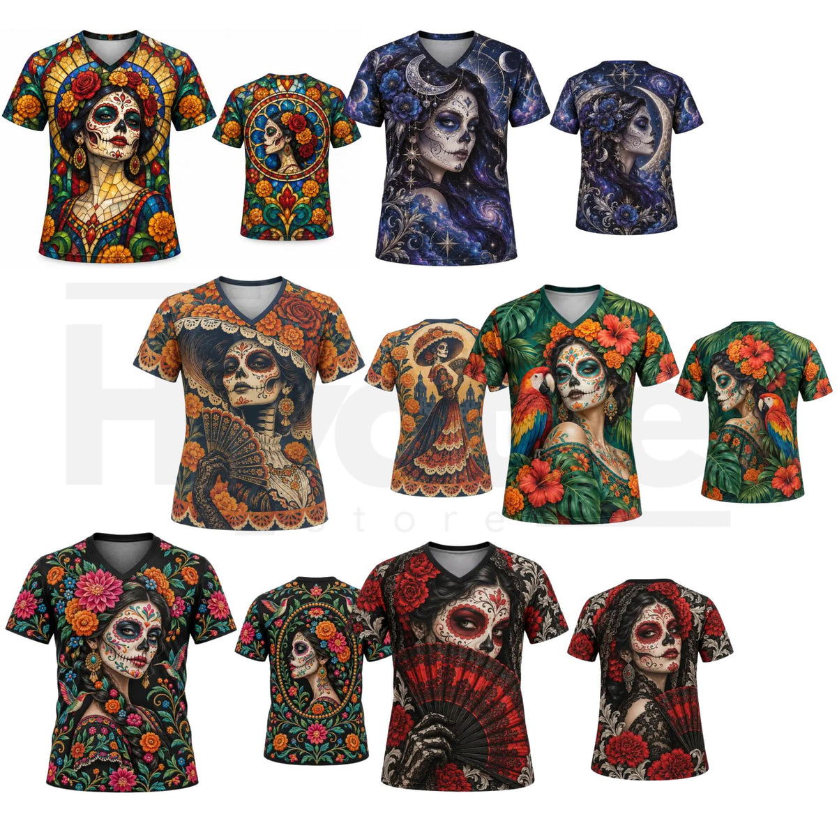 Lady's Mexican Día de los Muertos Skull La Catrina V-Neck Sports Top - Hiyatee